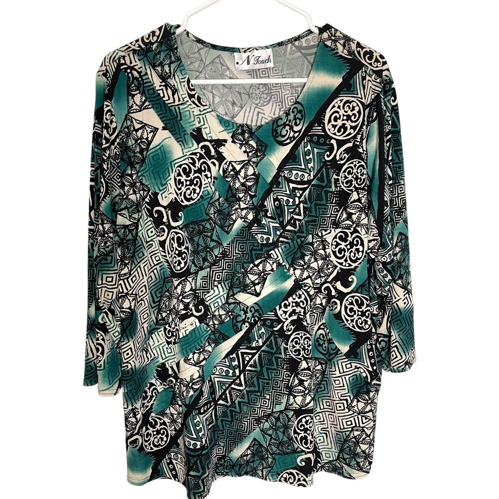 N Touch 1X Teal Black White Abstract Geometric V-Neck 3/4 Sleeve Top Art to Wear